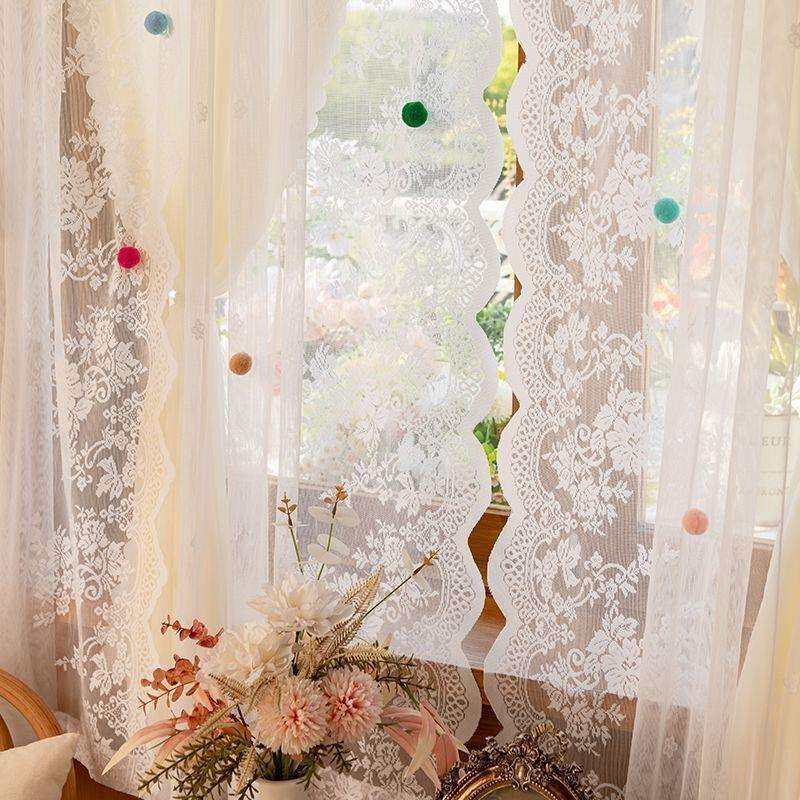 法式田园公主风纱帘双层蕾丝窗帘儿童房女孩飘窗免打孔魔术贴门帘