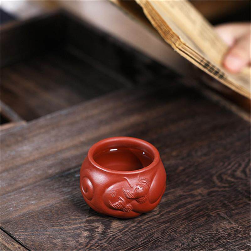 品茗杯宜兴紫砂原矿大红袍朱泥鱼化龙主人杯功夫茶壶茶道配件家用