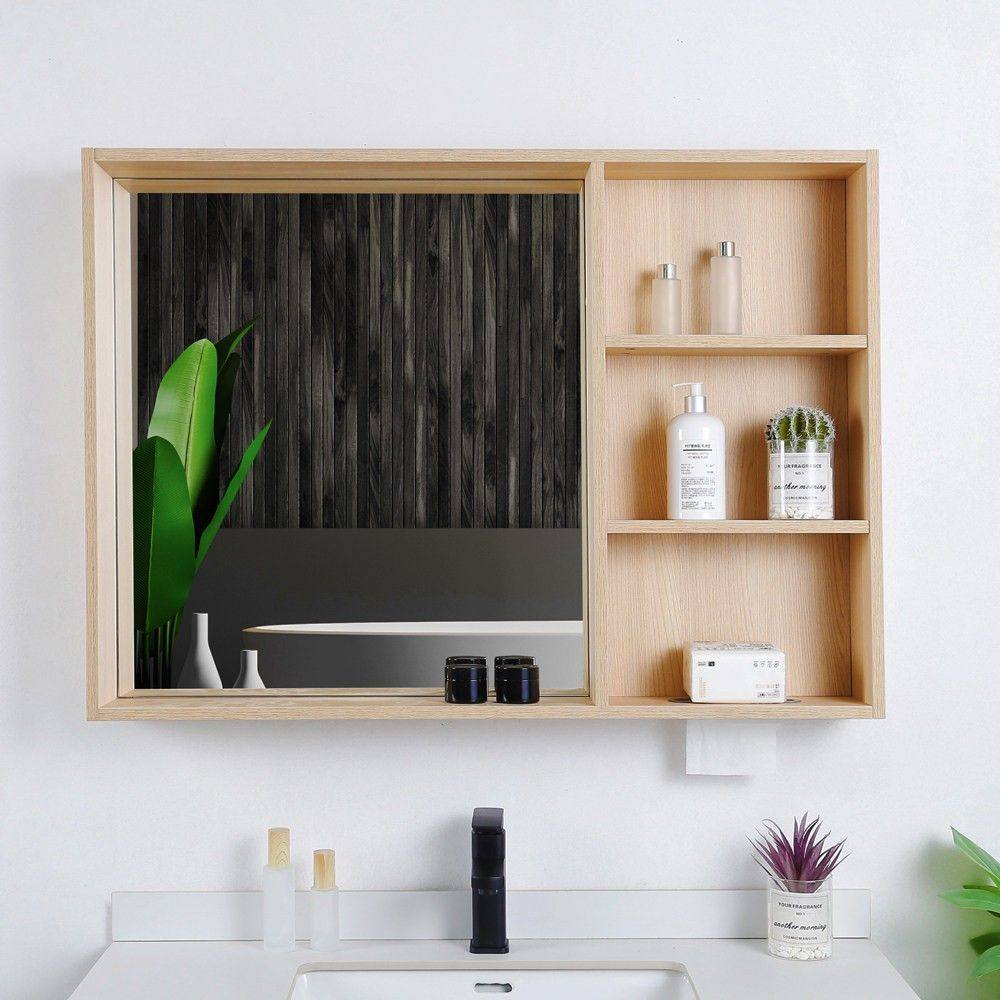日式原木风浴室镜柜单独镜子卫生间挂墙简易置物架实木储物柜定制