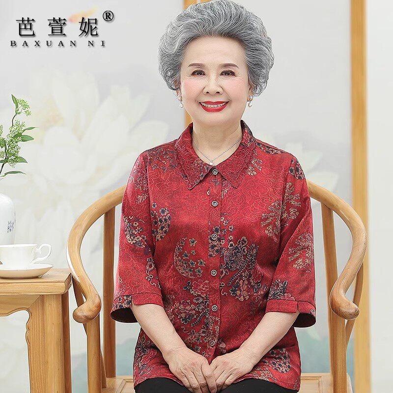 中老年人女妈妈夏装两件式装宽松大尺码真丝绸缎衬衫T恤奶奶装衬