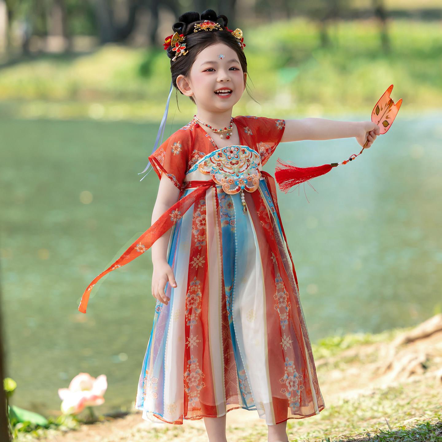 汉服女童26年夏装宝宝中国风红色敦煌襦裙女孩古装洋装儿童唐装