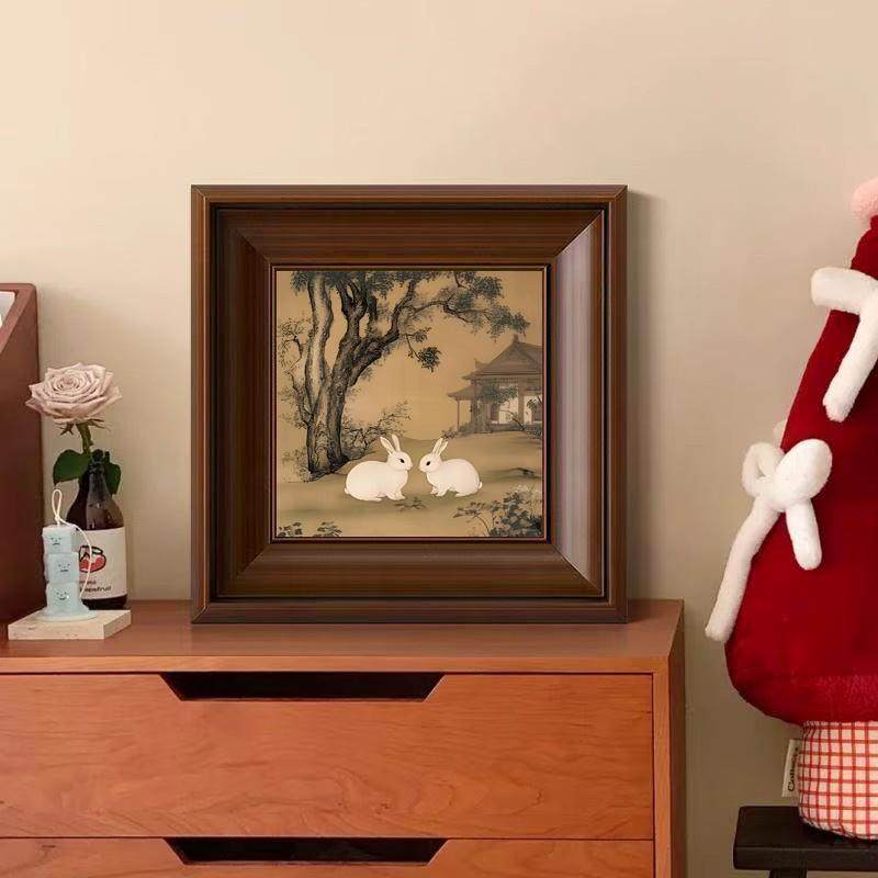 宋代美学中古风客厅装饰画复古梧桐双兔餐边柜壁画卧室床头艺术画