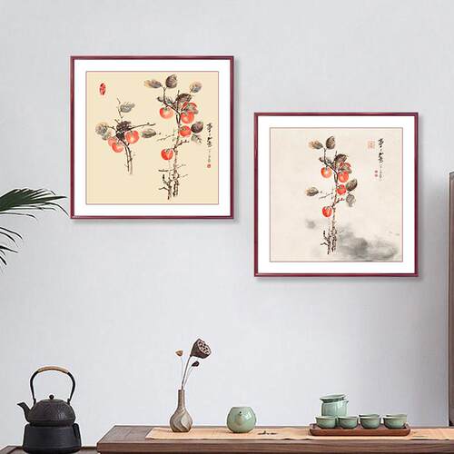 张大千柿柿如意装饰画 画客厅饭厅走廊沙发背景斗方柿子图新中式