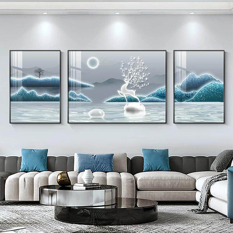 福鹿山水客厅装饰画轻奢高级感沙发背景墙抽象大气三联挂画墙壁画