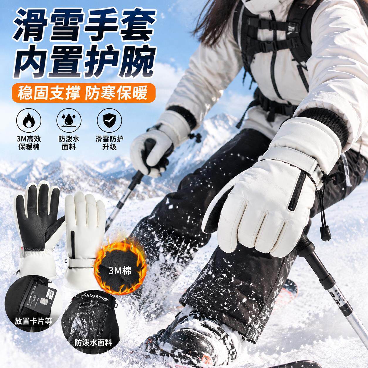 滑雪手套内置护腕专用专业单双板五指闷子骑行男女士防水触屏保暖