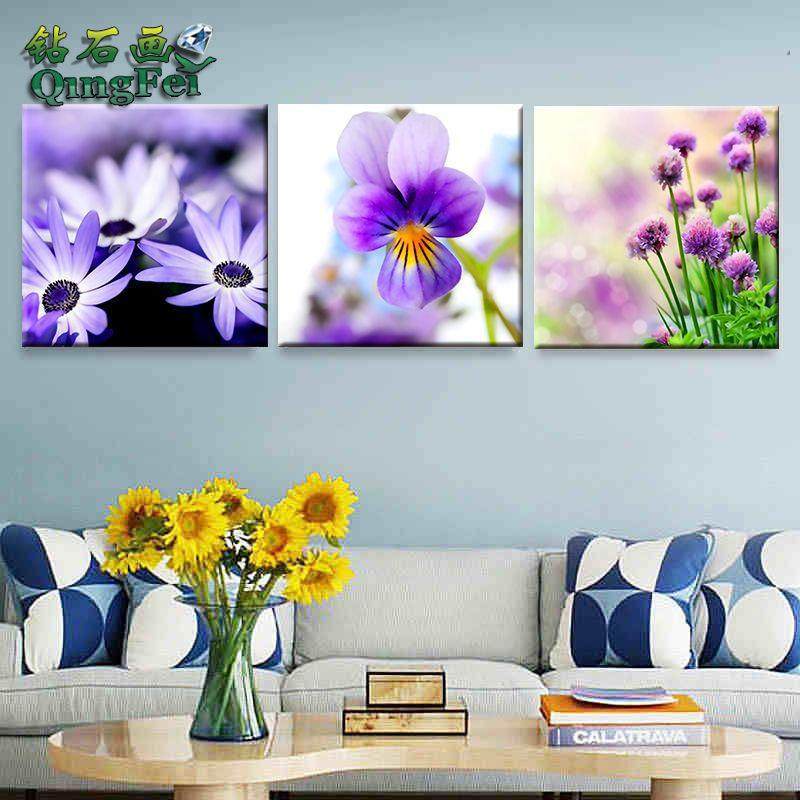 青飞紫花三联画钻石画十字绣满钻风景贴钻画钻石薰衣草卧室钻石绣