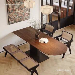 法式 复古实木餐见详情桌半圆靠墙家用小型饭桌中古风岛工台桌餐一