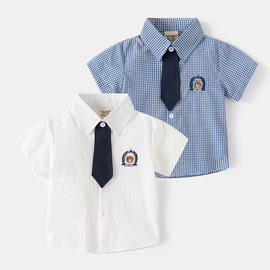 男童短袖衬衫纯棉夏季童装韩版宝宝洋气领带儿童翻领衬衣薄款