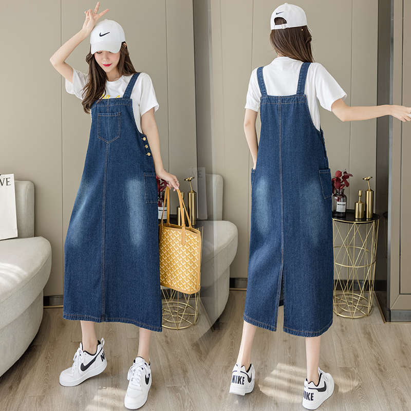 减龄牛仔背带裙女2025早春新款简约口袋宽松直筒显瘦开叉牛仔裙潮