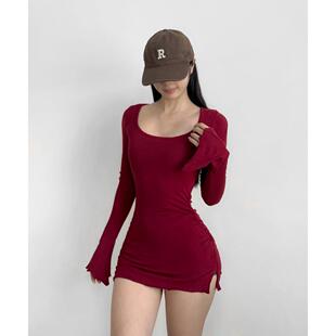 Square collar trumpet shirt base shirt fitness long
