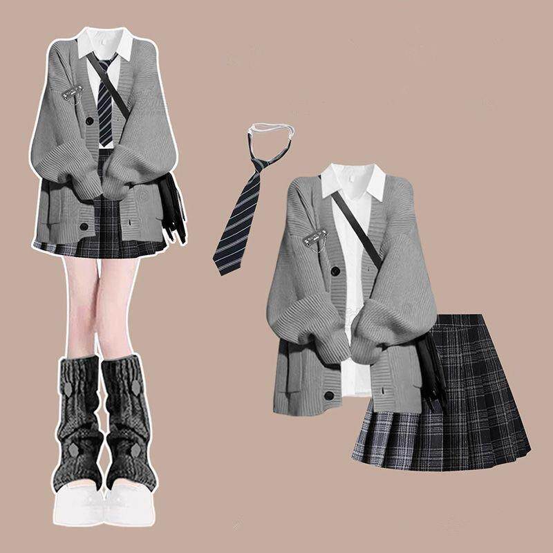 学院风毛衣外套学生秋冬季韩版JK制服开衫衬衫百褶格裙三件套装女