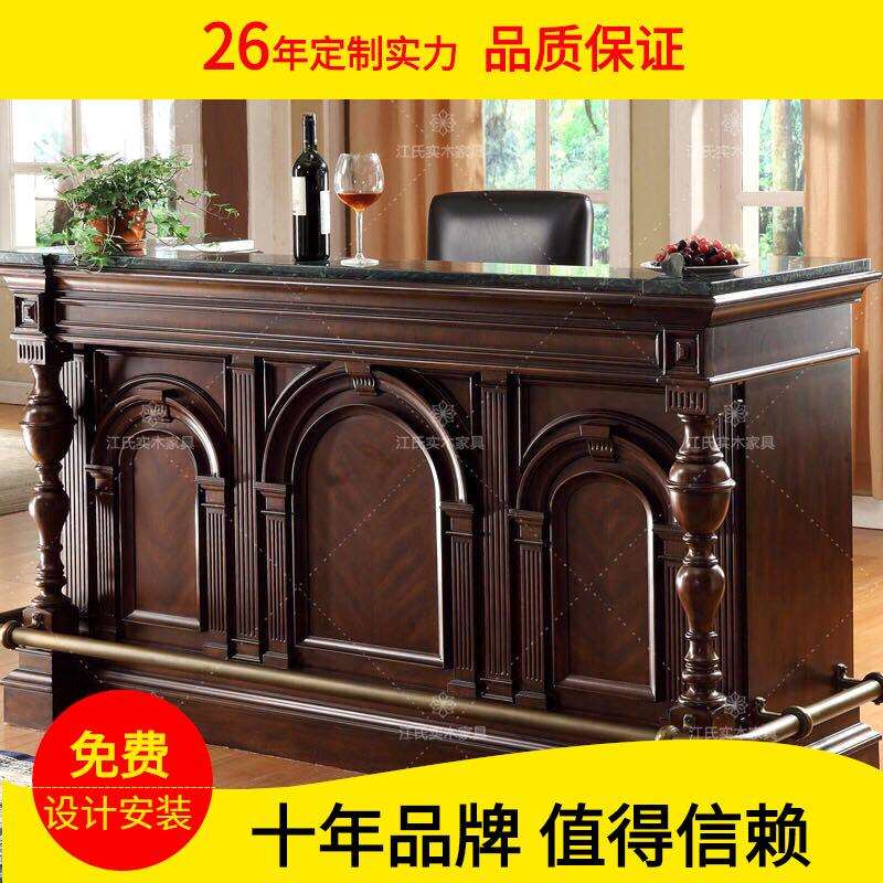 美式复古实木酒吧台橡木大理石欧式餐边柜前台接待吧台柜工厂直销