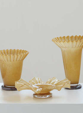 琉璃花瓶客厅褶皱装边大口卷中装饰品样板间软古风创意家居荷叶口