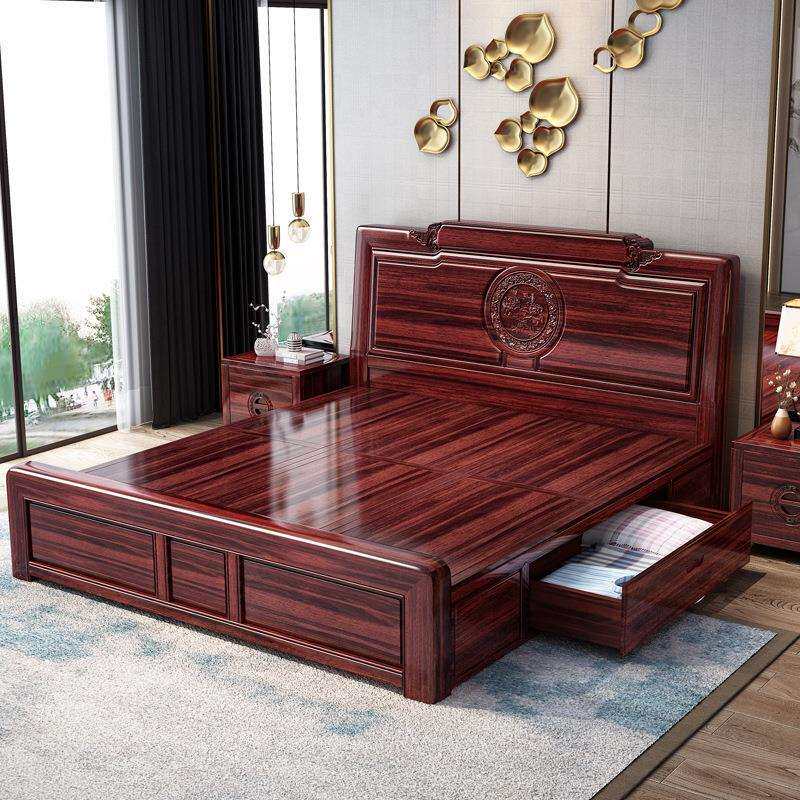 新中式金花梨木全实木床现代简约主卧1.8m高箱储物双人大婚床家具