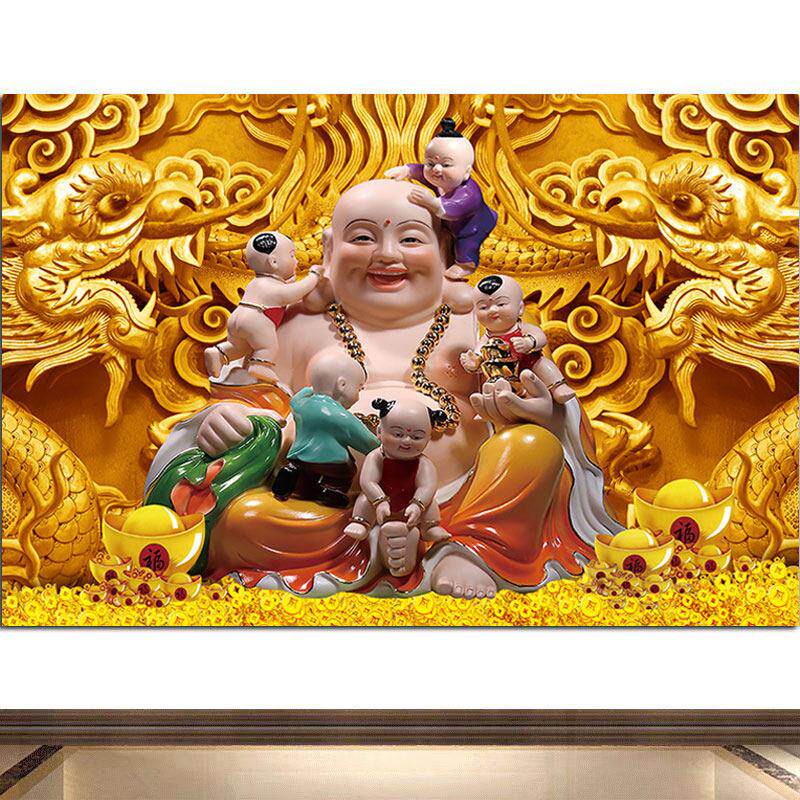 弥勒佛笑佛五子登科满地黄金招财客厅中堂挂画金龙背景墙自粘壁画