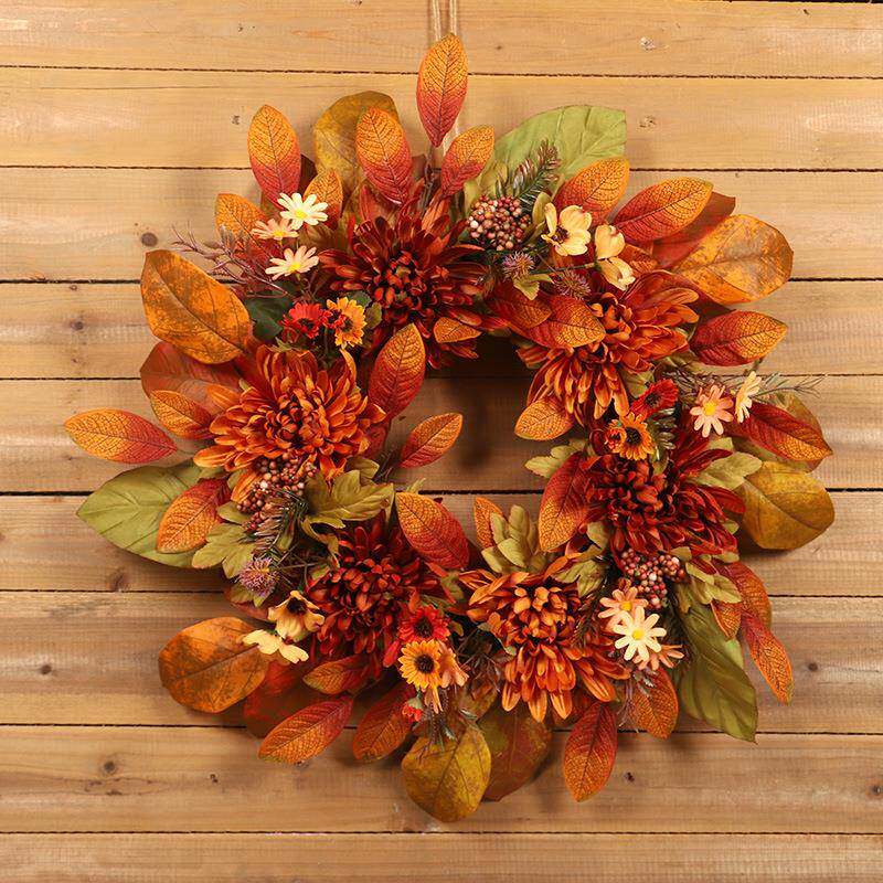 鸿禹 秋季仿真花爪菊花装饰花环 秋色感恩节枫叶花圈装饰门挂