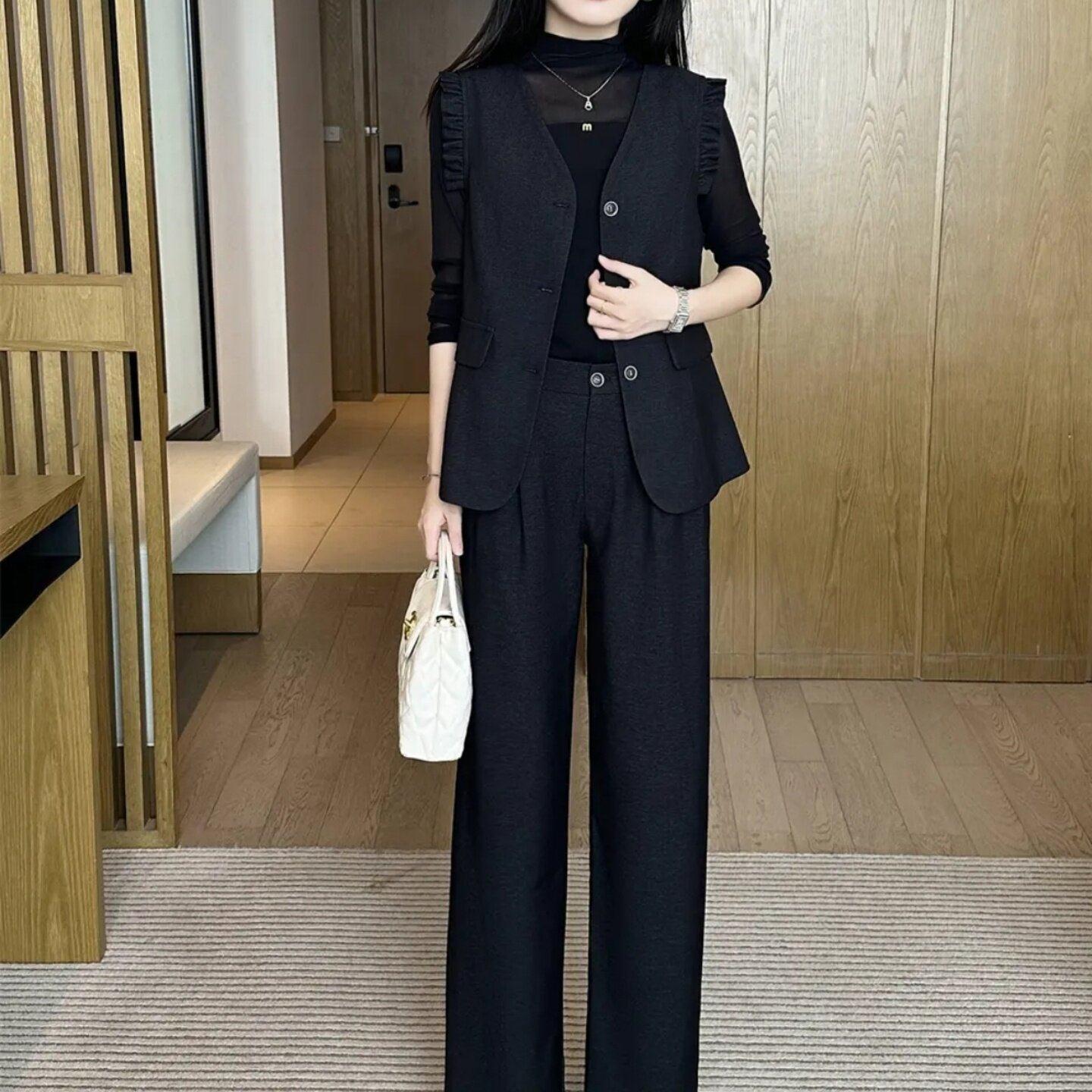 法国Rouje Moaks时尚套装女春夏显瘦马甲外套打底衫阔腿裤三件套