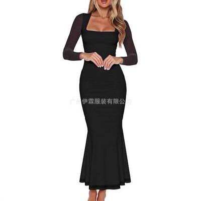 Womenswear Mesh Sleeve Maxi Summer Dresses Square Neck