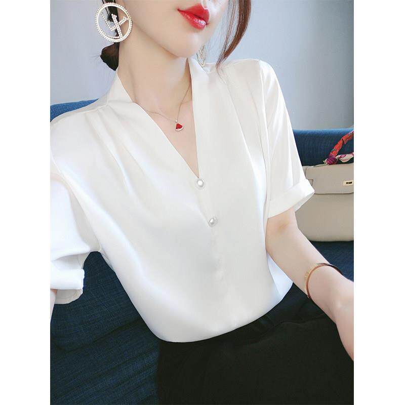 缎面法式短袖白衬衫女夏季2025新款气质通勤百搭休闲 宽松V领上衣