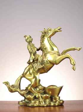 黄铜马上封侯摆件马上猴拿印拿令旗生肖猴 马上封侯