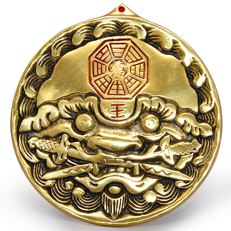 铜虎头八卦虎咬剑挂件铜虎睚眦风水门饰镜门对门冲家居兽头牌摆件