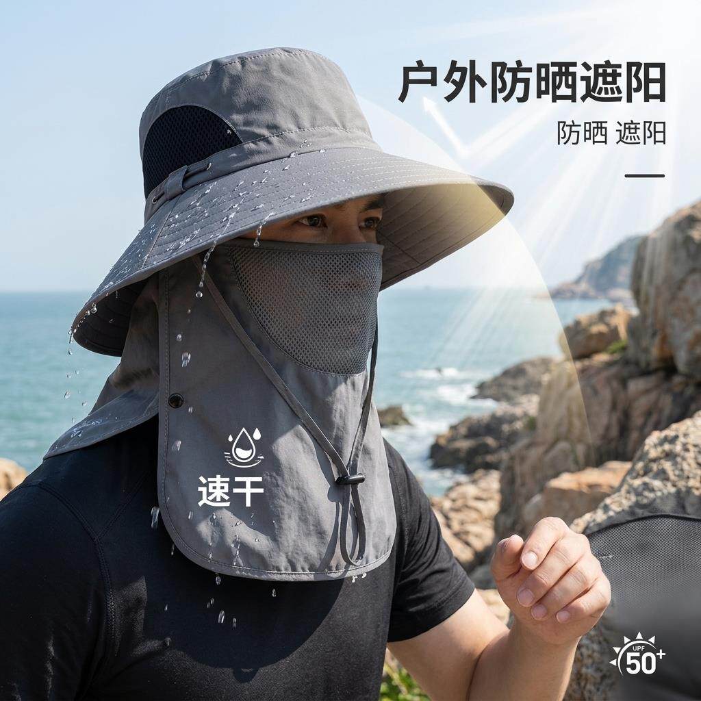 男士防晒帽夏季防嗮遮阳帽户外钓鱼帽遮全脸面纱帽妨紫外线披肩