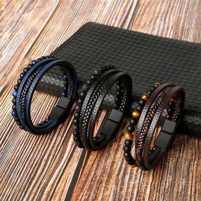 High Quality Leather Bracelet Men Classic Fashion Tiger Eye