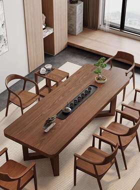 现代木约实原木茶台大板简桌椅组合客厅办公室新中式一桌VTB五茶
