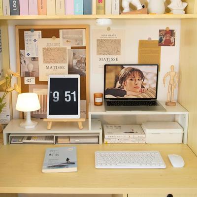 双层拉伸电脑增高架白色桌面ins可放抽屉笔记书桌办公室垫高置物