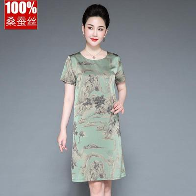 中年妈妈真丝连衣裙女夏季新款中老年小个子气质时尚桑蚕丝裙子