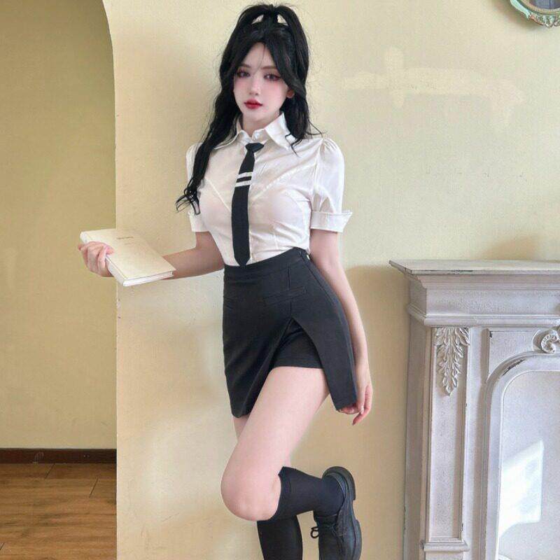 酒吧夜场工作辣妹制服性感女短袖白衬衫开叉包臀短裙养生会所套装