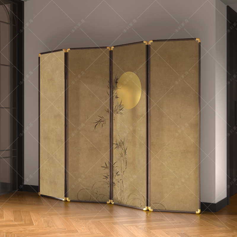 新中式铜角屏风隔断高级感客厅玄关卧室折叠移动办公茶室禅意竹子