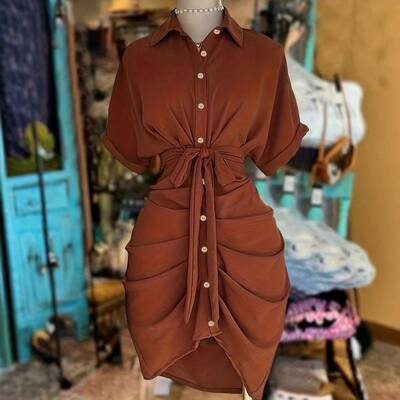 Women's Lapel Single-Breasted Belted Waist Short Sleeve