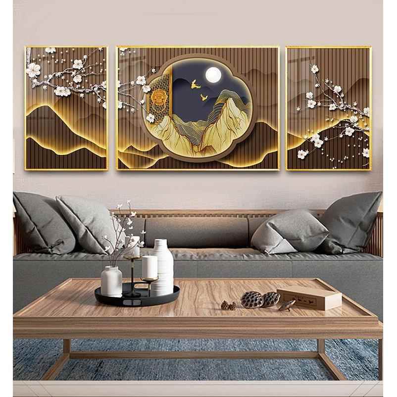 轻奢抽象意境客厅沙发背景壁画金山吉祥飞鸟植物入户三联装饰画