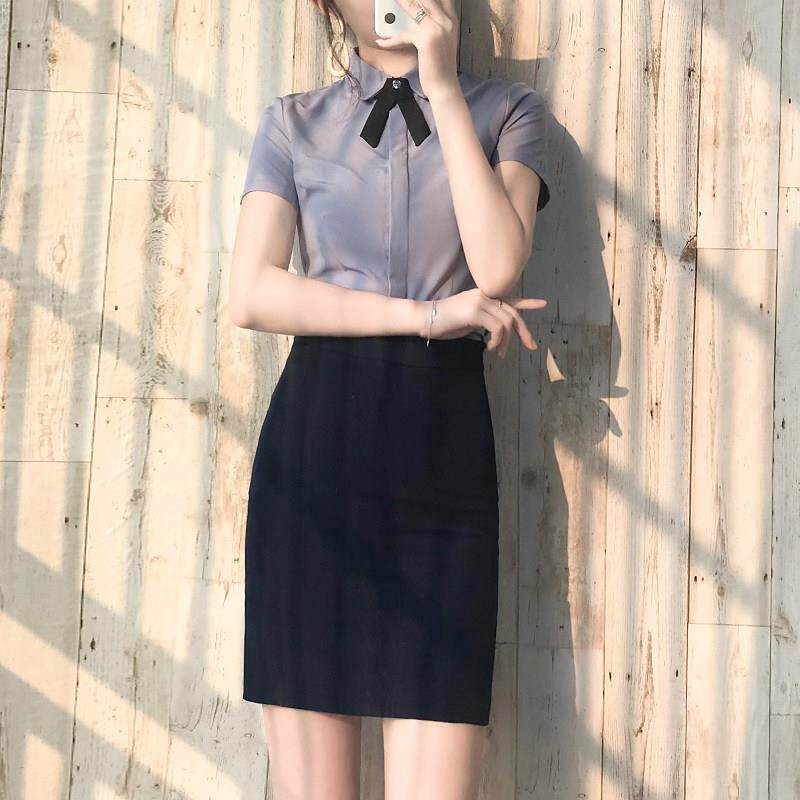灰色方领衬衫女夏季短袖薄款2025高级感通勤气质酒店前台OL工作服