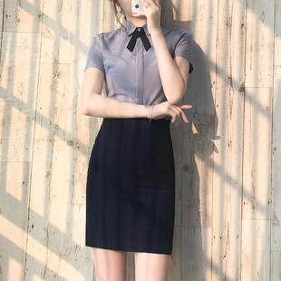 薄款 短袖 2025高级感通勤气质酒店前台OL工作服 女夏季 灰色方领衬衫