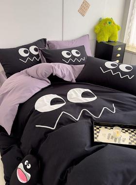 紫色小被怪兽卡通水洗棉件套舍可爱贴布绣套7327床单床笠款宿三件
