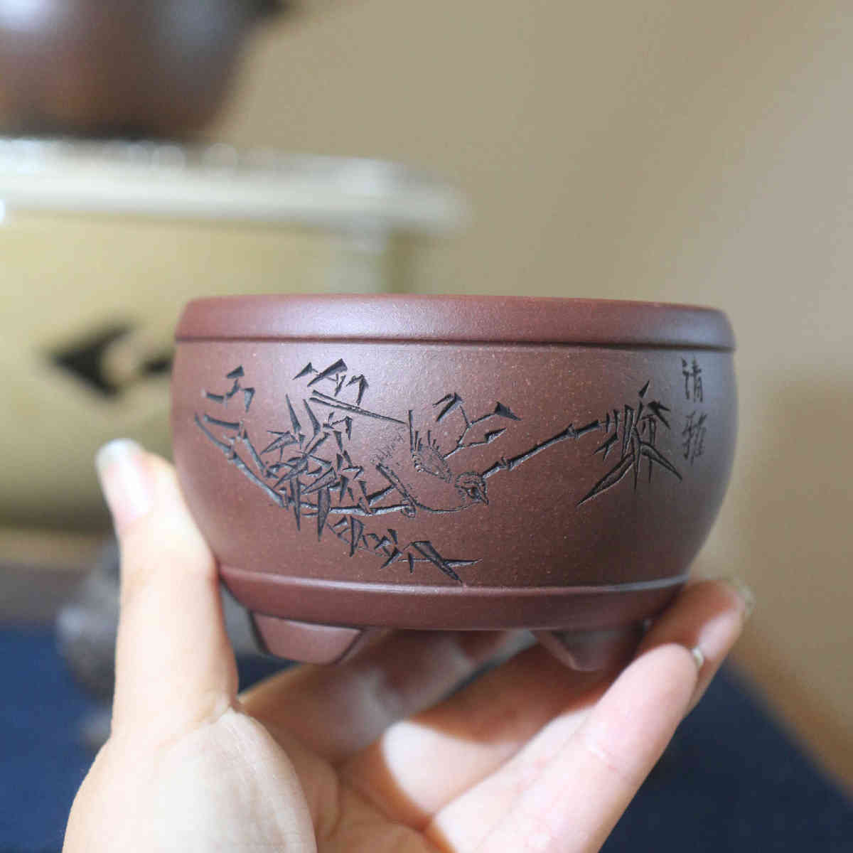 长青紫砂紫砂花盆高档盆栽绿植盆景盆菖蒲多肉圆盆手工刻绘盆景盆