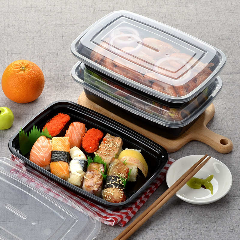 上海商吉美式黑色塑料饭盒一次性快餐盒高档外卖打包长方形便当