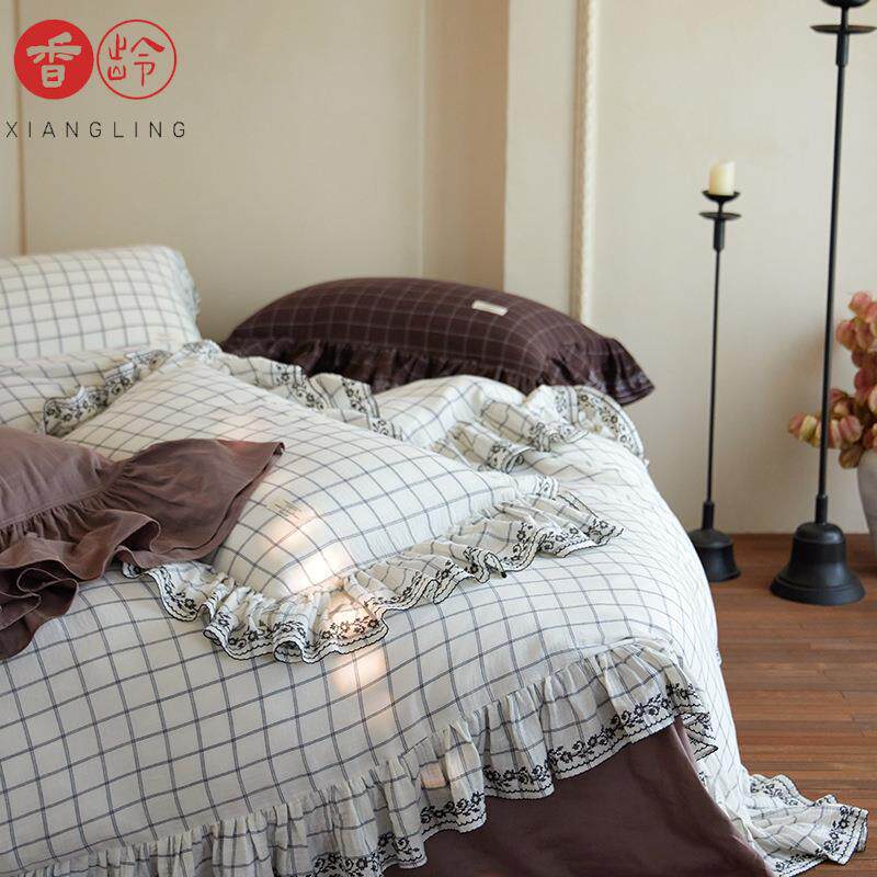 诗意白格~法式浪漫全棉皱皱双层纱四件套刺绣大花边被套柔软床品