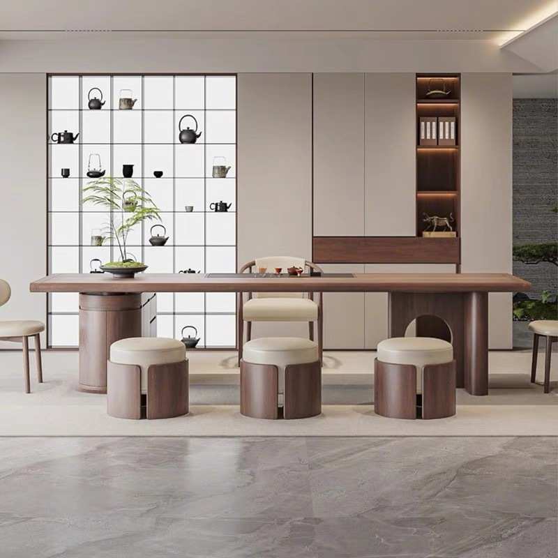 新中式实木岛台茶桌黑胡桃木现代简约家用大气茶台办公室泡茶桌椅