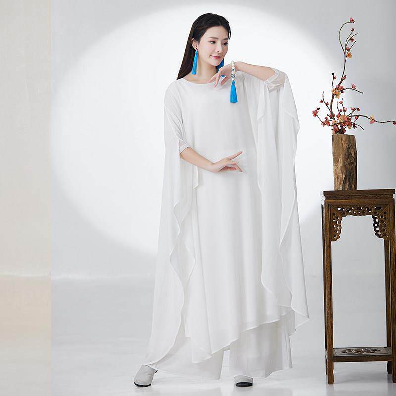 白色禅舞服套装有袖子升级版-仙女飘逸长裙茶禅服文艺古筝演出服