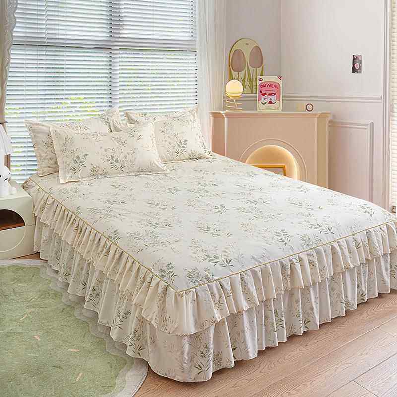 高档芦荟棉花边床裙三件套双层新款仿全棉床罩单双人床盖四季通用