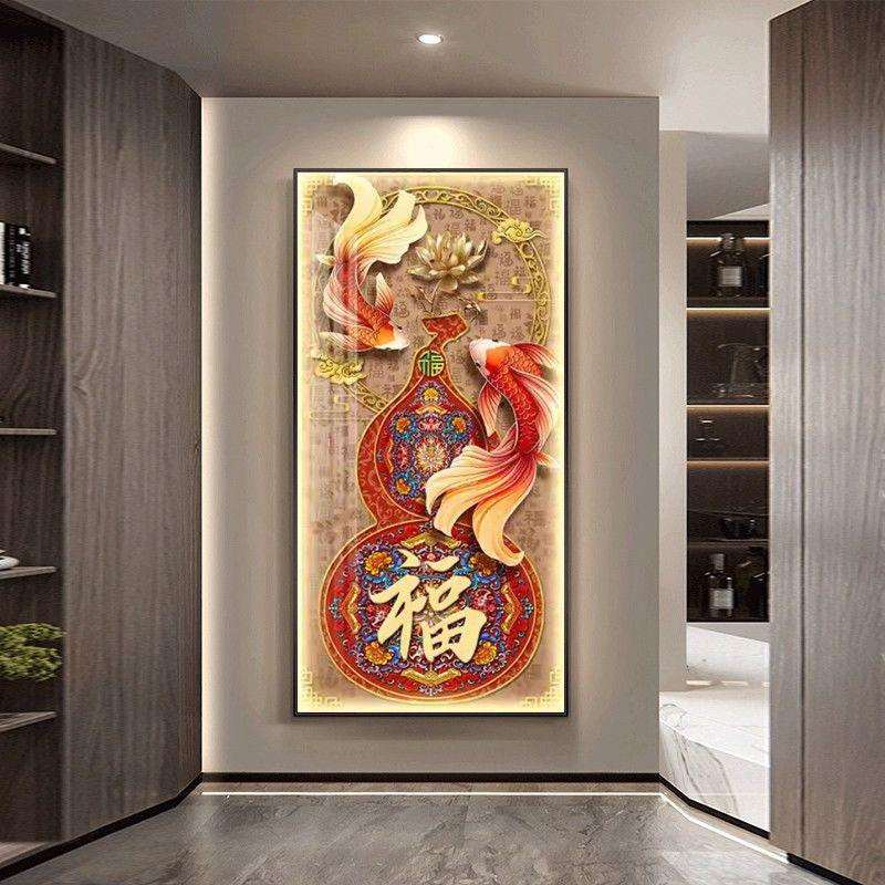 幅字玄关装饰画走廊过道LED带灯壁画入户正对门灯光画中式风挂画图片