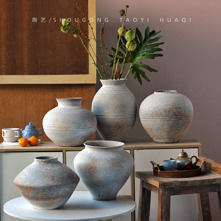 景德镇侘寂风禅意摆件粗陶陶罐手工插花民宿酒店复古怀旧陶瓷花瓶