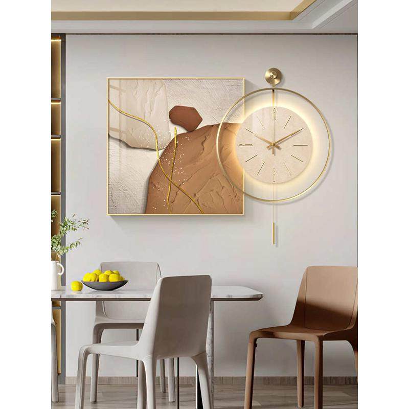 石来运转餐厅装饰画带钟表客厅背景墙壁画高级感2023新款饭厅挂画