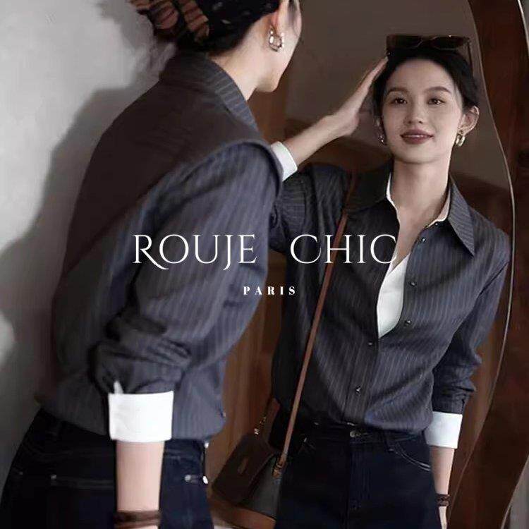 法国rouje chic灰色条纹翻领长袖假两件衬衫女早春通勤风休闲上衣
