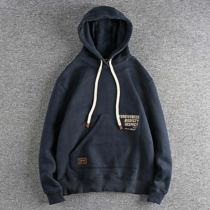 代购潮男秋冬重磅刺绣字母加绒加厚男士连帽套头卫衣潮流休闲外套