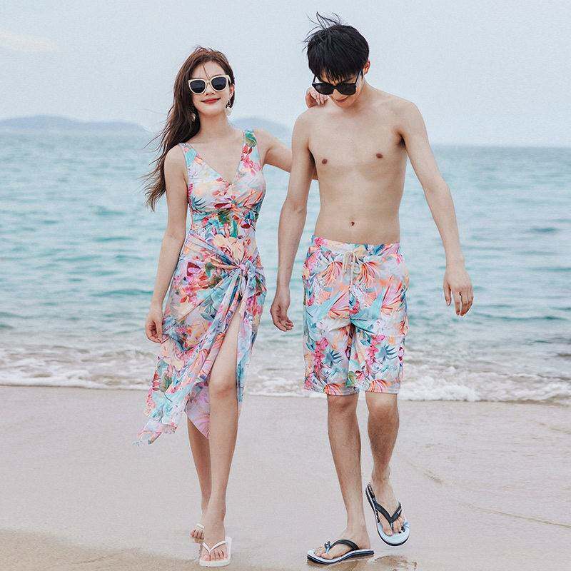 跨境情侣泳衣女保守连体遮肚显瘦泡温泉海边度假沙滩裤情侣泳装