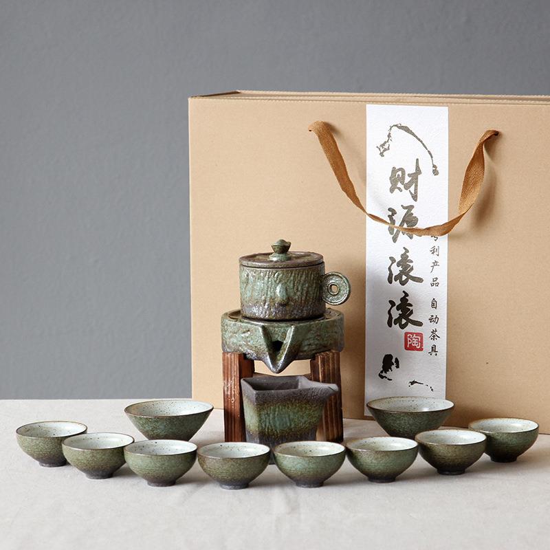 厂家复古粗陶半自动 粗陶懒人财源滚滚陶瓷功夫泡茶茶具